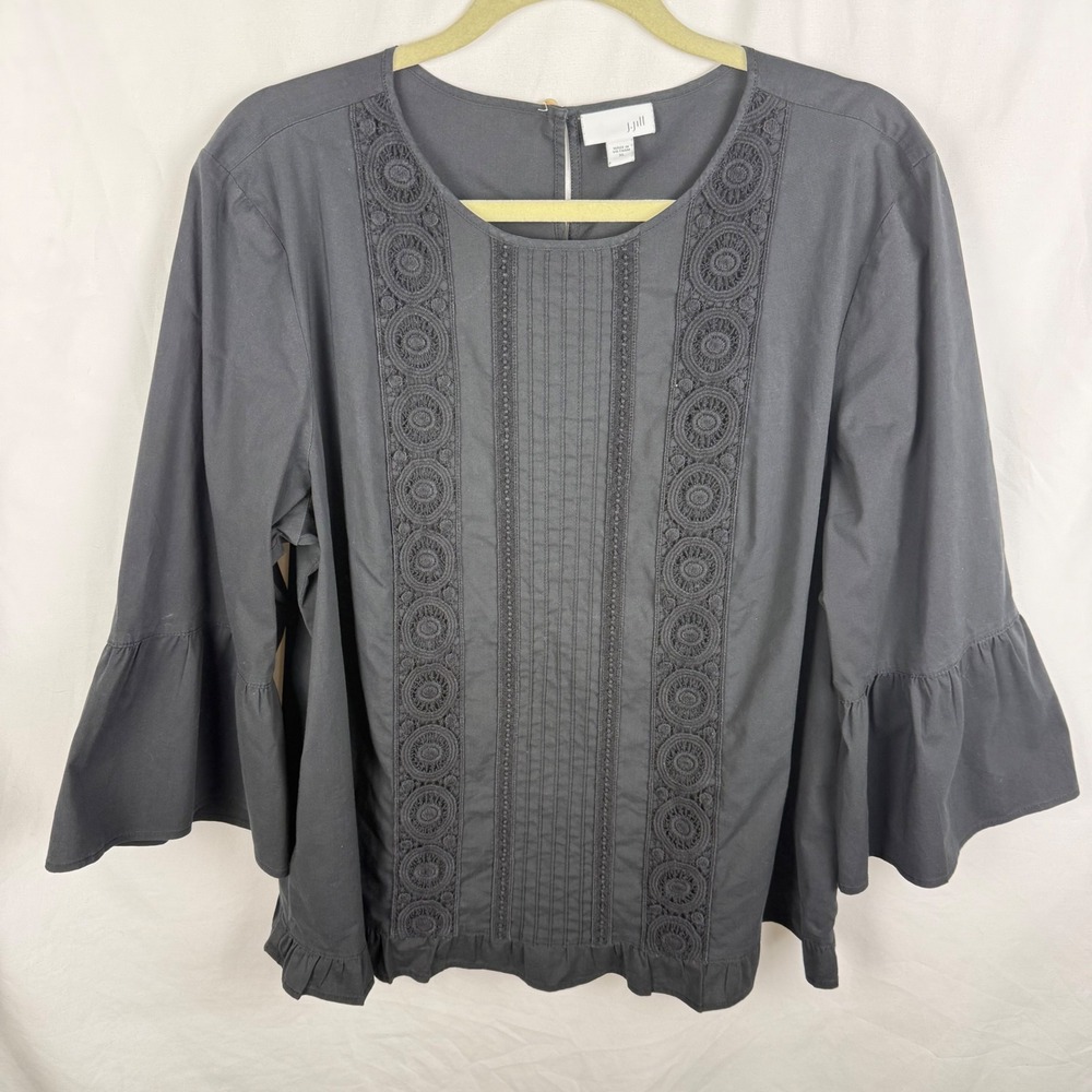 J. Jill Black Bell Sleeve Embroidered Crochet Peasant Blouse XL Whimsigoth Boho